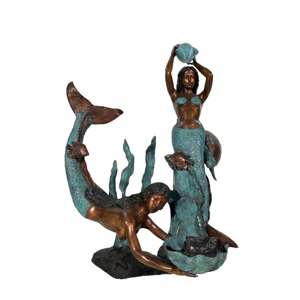 Mermaids in Sea Fountain Bronze Statue Water Feature Shell over head